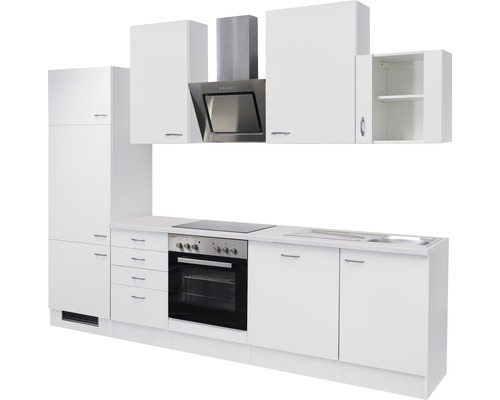 Cuisine blanche complète avec éléments hauts et bas, hotte aspirante et appareils intégrés.