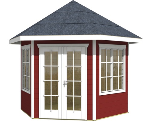 Pavillon de jardin hexagonal avec toit, fenêtres et double porte