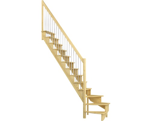 Escalier à limon latéral Pertura Filia pin bois lamellé-collé sans contremarches 1/4-tournant en bas à gauche 12 marches / 13 pas de marche