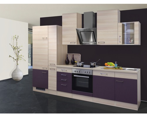 Bloc cuisine complète équipée Flex Well Focus 310 cm façade acacia aubergine mate, corps acacia variante réversible démonté