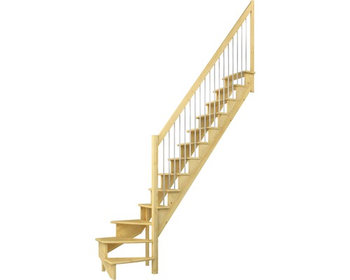 Escalier à limon latéral Pertura Filia pin bois lamellé-collé sans contremarches 1/4-tournant en bas à droite 12 marches / 13 pas de marche