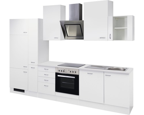 Cuisine blanche complète avec armoires, hotte, évier et cuisinière