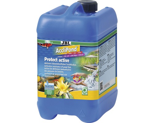 Préparateur d'eau JBL AccliPond Protect active 5 l JBL AccliPond Protect active pour activer les défenses immunitaires des poissons de bassins dans un bidon bleu