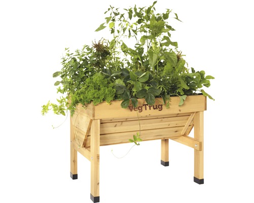 Jardinière sur pieds en bois avec diverses plantes