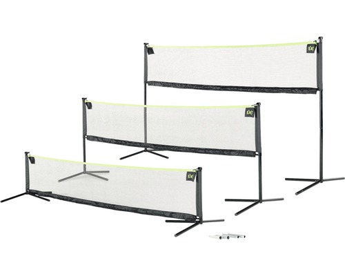Trois filets de badminton de différentes hauteurs avec trépied et logo EXIT.