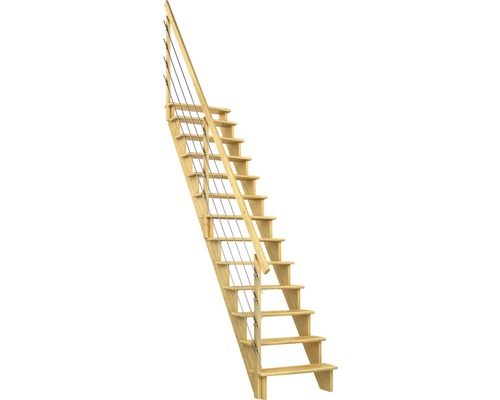 Escalier à limon latéral escalier de meunier Pertura Filia pin bois lamellé-collé sans contremarches droit 12 marches / 13 pas de marche garde-corps à barres horizontales