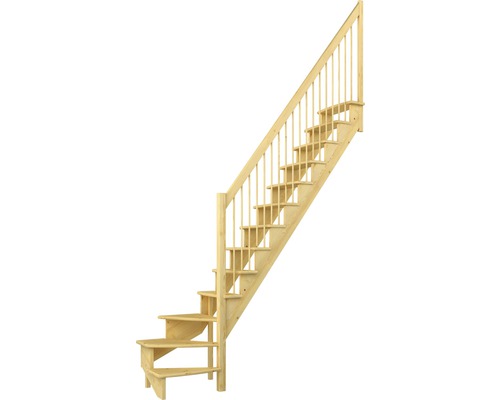 Escalier à limons Pertura Filia pin lamellé-collé sans contremarches non traité 1/4 tournant en bas à droite 12 Pièce(s) marches/13 pas de marche garde-corps à barres verticales Escalier en bois avec rampe
