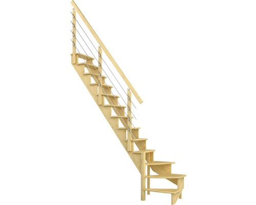 Escalier à limon latéral escalier de meunier Pertura Filia pin bois lamellé-collé sans contremarches 1/4-tournant en bas à droite 12 marches / 13 pas de marche