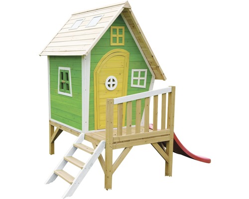 Spielhaus aus Holz mit Rutsche und Treppe