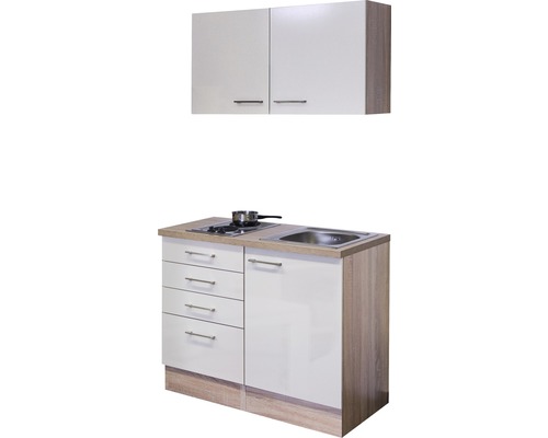 Kompakte Küchenzeile mit Spüle, Kochfeld, Unterschränken und Hängeschrank