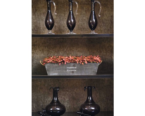 Regal mit dekorativen Glasvasen und Fittonien im Pflanzgefäß