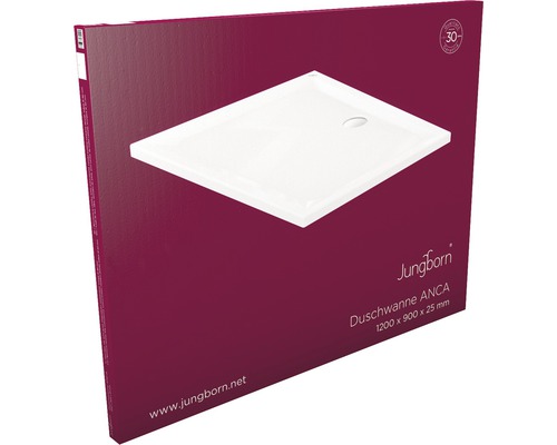 Verpackung einer weißen Jungborn Duschwanne ANCA, Größe 1200 x 900 x 25 mm