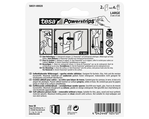 Tesa Powerstrips selbstklebende Bilderhaken, rückstandsfrei ablösbar, 2 Stück inklusive 4 Strips, große Ausführung, 2 cm x 5 cm