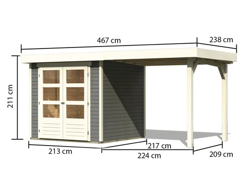 Abbildung eines Gartenhauses mit Carport und Maßangaben