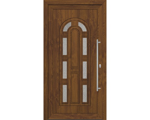 Set complet Porte d'entrée Florida plastique golden oak 100x210 cm DIN droite Porte d''entrée marron avec inserts en verre et poignée en acier inoxydable