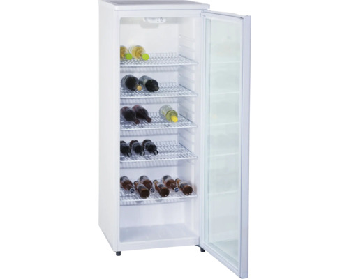 Réfrigérateur à boissons ouvert avec plusieurs bouteilles sur des étagères en fil métallique.