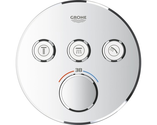 Robinet de douche avec thermostat GROHE Grohtherm SmartControl chrome 29121000 Logo Grohe. Robinet de douche rond avec régulateur de température et boutons de fonction.