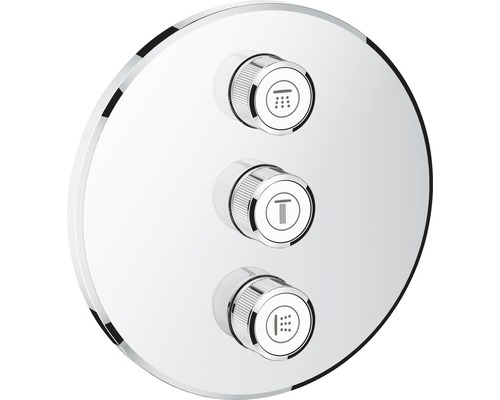 Robinet de douche rond avec trois boutons rotatifs pour contrôler différentes fonctions