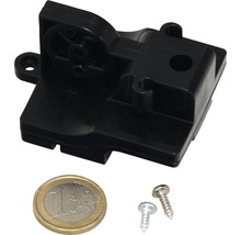 Pièce de boîtier en plastique noir avec vis et pièce d''un euro pour comparaison de taille.