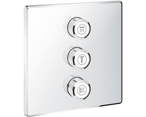 Duscharmatur mit drei Reglern für Kopfbrause, Temperatur und Handbrause