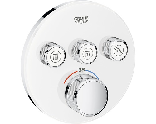 Grohe Logo. Duscharmatur mit drei Reglern und Temperaturregler.