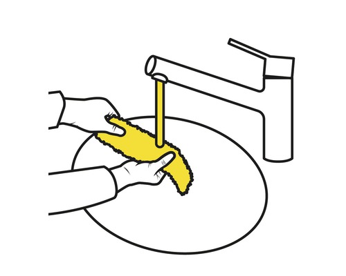 Illustration: Hände waschen einen Schwamm unter einem Wasserhahn in einem Waschbecken.