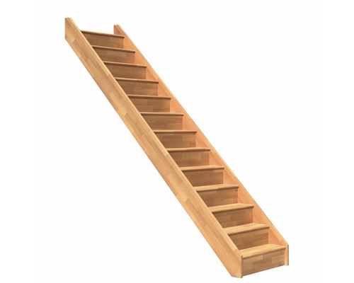 Escalier à limons Pertura Elenie bois de hêtre lamellé-collé avec des contremarches sans balustrade verni droit 14 Pièce(s) marches/15 pas de marche sans balustrade