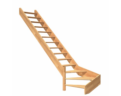 Escalier à limon latéral Pertura Elenie hêtre bois lamellé-collé sans contremarches 1/4 tournant en bas à gauche 16 marches/17 pas de marche