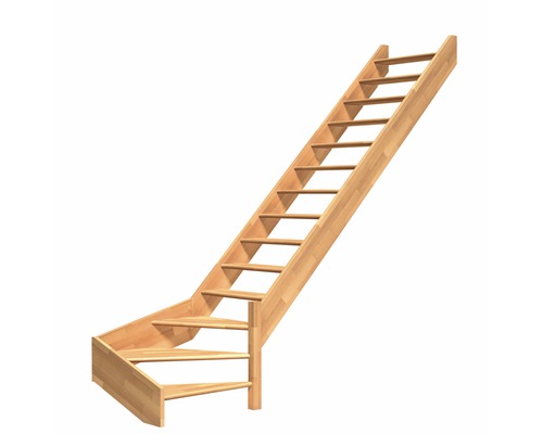 Escalier à limon latéral Pertura Elenie hêtre bois lamellé-collé sans contremarches 1/4 tournant en bas à droite 16 marches/17 pas de marche