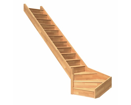 Escalier à limons Pertura Elenie bois de hêtre lamellé-collé avec des contremarches sans balustrade non traité 1/4 tournant en bas à gauche 16 Pièce(s) marches/17 pas de marche sans balustrade