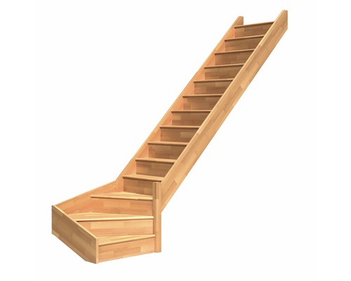 Escalier à limon latéral escalier de meunier Pertura Elenie hêtre bois lamellé-collé avec contremarches 1/4-tournant en bas à droite 16 marches / 17 pas de marche