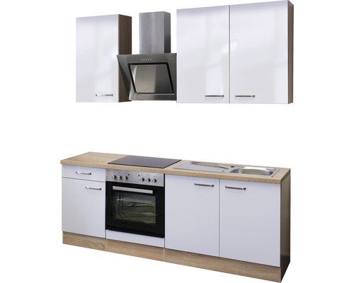 Küchenzeile mit Spüle, Herd, Backofen, Dunstabzugshaube und Hängeschränken