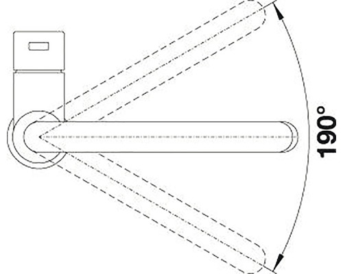 Schéma d''une poignée de porte avec une plage de pivotement de 190 degrés