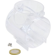 Raccord de tuyau en plastique transparent avec vis et pièce d''un euro pour l''orientation de la taille.