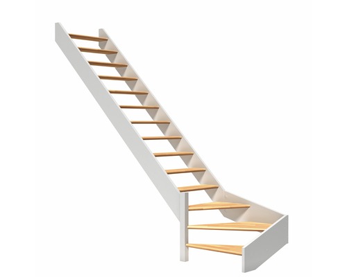 Escalier à limon latéral escalier de meunier Pertura Elenie hêtre bois lamellé-collé sans contremarches 1/4-tournant en bas à gauche 16 marches / 17 pas de marche