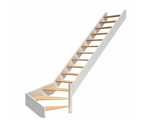 Escalier à limon latéral Pertura Elenie hêtre bois lamellé-collé sans contremarches 1/4 tournant en bas à droite 16 marches/17 pas de marche