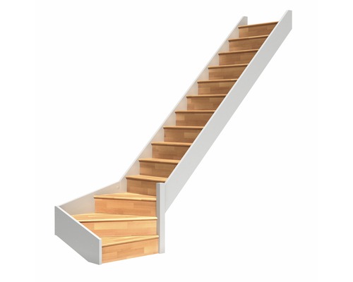 Escalier à limon latéral escalier de meunier Pertura Elenie hêtre bois lamellé-collé avec contremarches 1/4-tournant en bas à droite 16 marches / 17 pas de marche