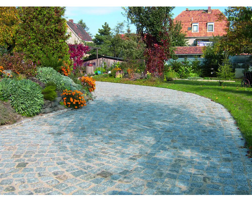 Chemin pavé en pierres naturelles dans un jardin avec des fleurs et des arbres.