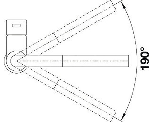 Schéma d''un robinet avec une plage de pivotement de 190 degrés