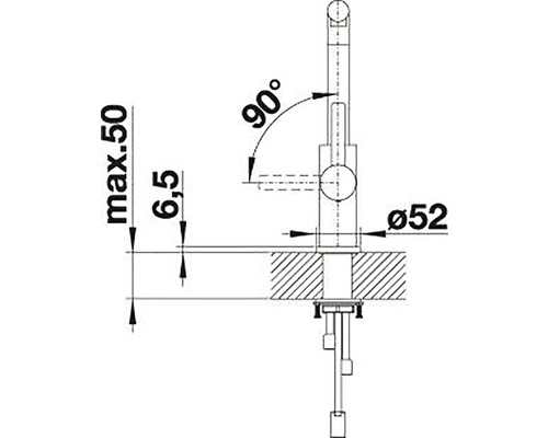 Dessin technique d''un robinet avec dimensions : maximum 50, 6,5, diamètre 52 et angle de 90 degrés