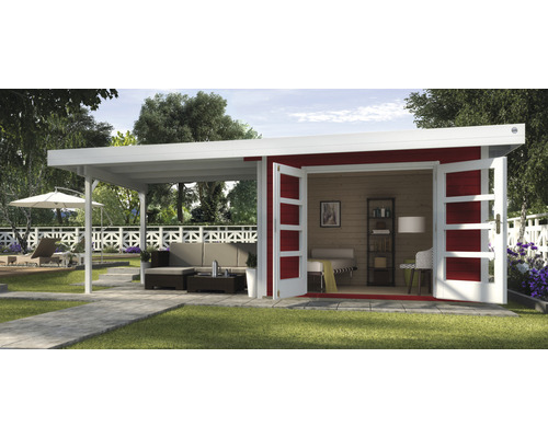 Abri de jardin weka Designhaus 126 B taille 2 avec plancher et toiture latérale 590x240 cm rouge Suède
