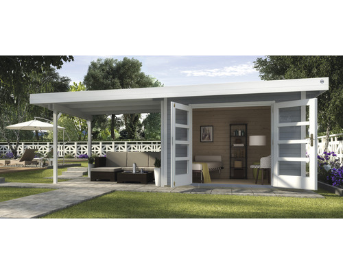 Abri de jardin weka Designhaus 126 B taille 2 avec plancher et toiture latérale 645 x 315 cm gris clair