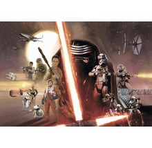 Star Wars Filmplakat mit den Charakteren Rey, Finn, Poe Dameron, Chewbacca, C-3PO, R2-D2, BB-8, Kylo Ren, Captain Phasma, Stormtrooper und Raumschiffen