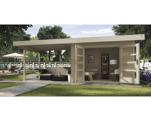 Gartenhaus weka Designhaus 126 B Gr.3 mit Fussboden und seitlicher Überdachung 590x300 cm natur