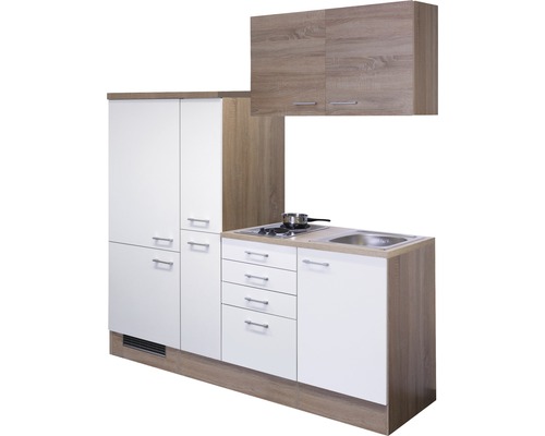 Cuisine compacte avec meubles hauts et bas, évier et plaque de cuisson pour petits espaces