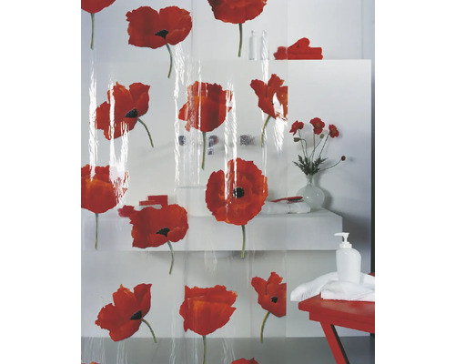 Rideau de douche avec motif de coquelicots dans la salle de bain