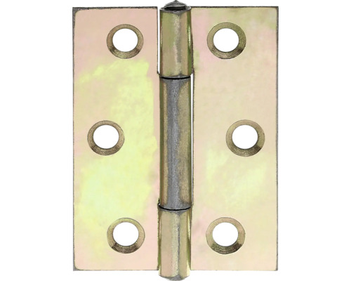 Scharnier halbbreit mit vernietetem Messingstift, 51 x 37 mm, galv. gelb verzinkt Scharnier aus Metall mit Befestigungslöchern