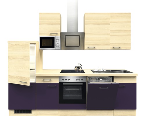 Bloc cuisine complète équipée Flex Well Focus 280 cm façade acacia aubergine mate, corps acacia variante réversible démonté