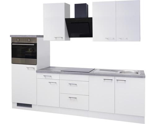 Cuisine complète avec éléments hauts, hotte aspirante, évier et four