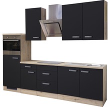 Cuisine complète avec appareils électriques, évier, plaque de cuisson, hotte aspirante, tiroirs et armoires